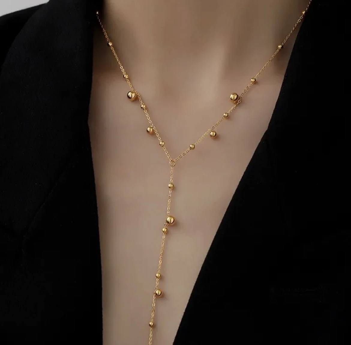 Beaded Y Charm  Gold Chain Necklace