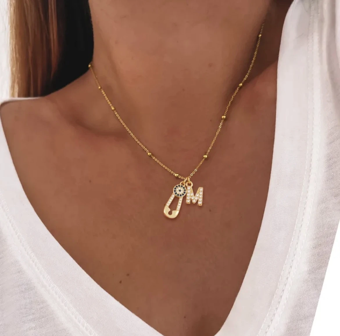 Evil Eye M Initial Necklace