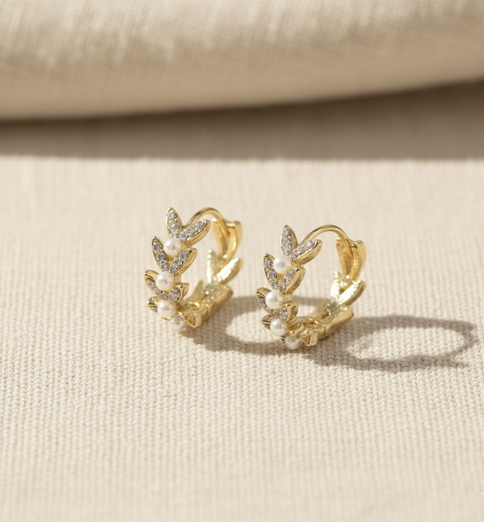 Pearl Leaf Huggie Earrings