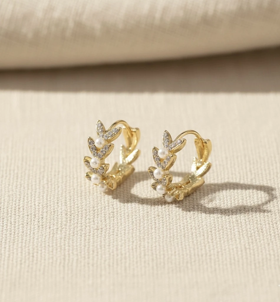 Pearl Leaf Huggie Earrings